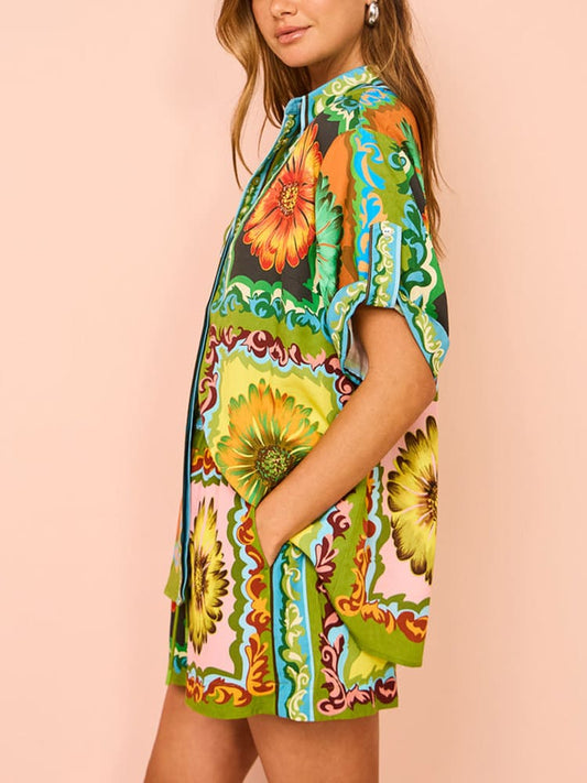 EMIRA Sunflower Print Satin Elastic Waist Shorts Set