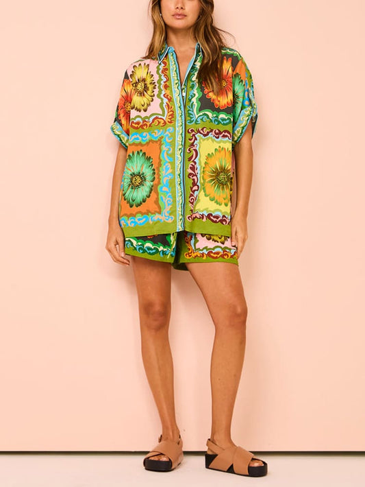 Sunflower Print Elastic Waist Shorts Set, Summer Beach Resort Outfit