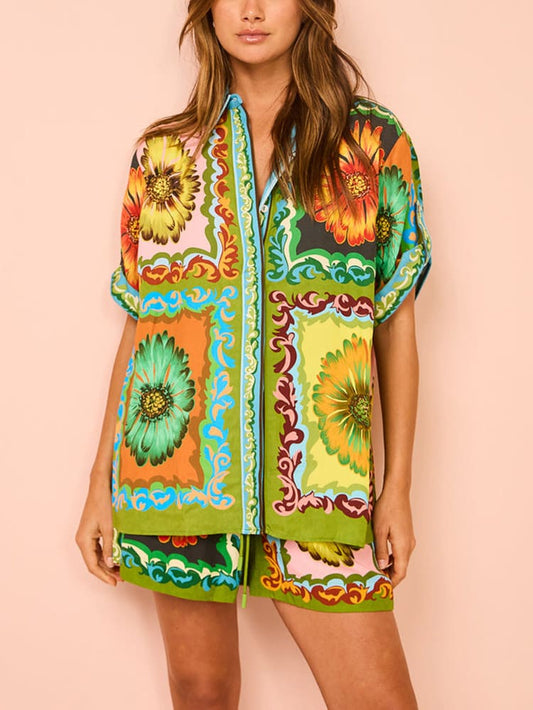 Sunflower Print Elastic Waist Shorts Set, Summer Beach Resort Outfit