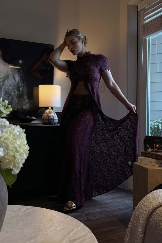 Lace Long-sleeved Top And Wide-leg Pants Set