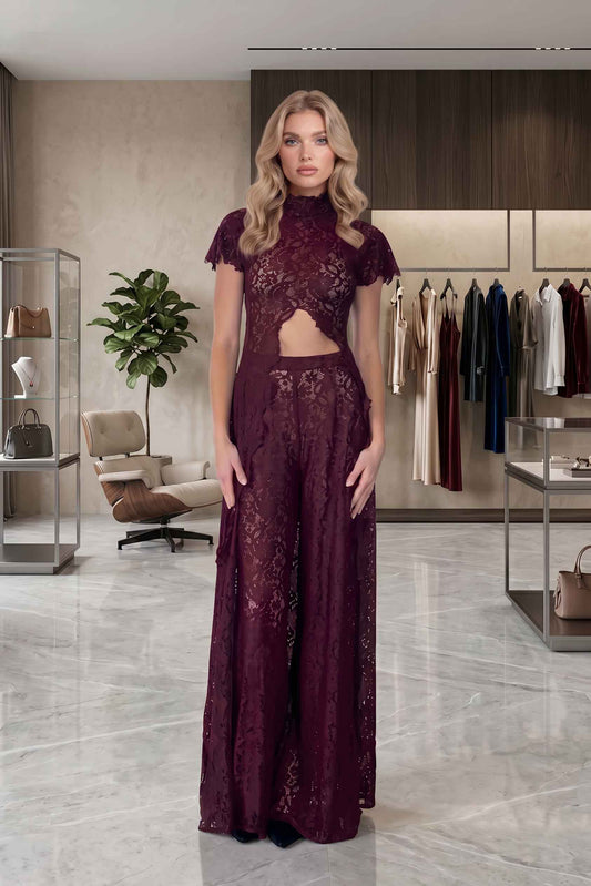 Lace Long-sleeved Top And Wide-leg Pants Set