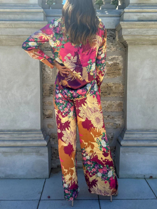 EMIRA Floral Print Satin Button-Down Pant Set