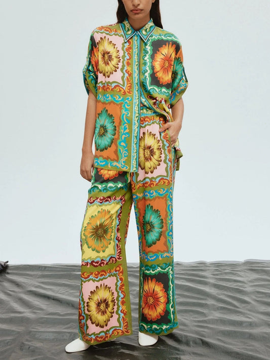 Sunflower Print Wide Leg Pants Set, Summer Resort Vacation Outfit