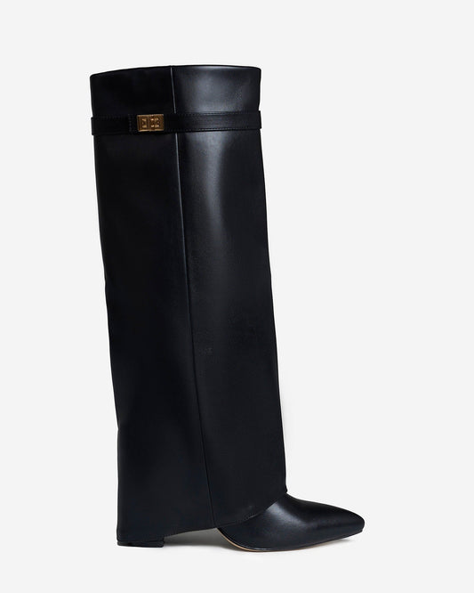 BEAUFORT Leather Fold-Over Knee High Boots - Black