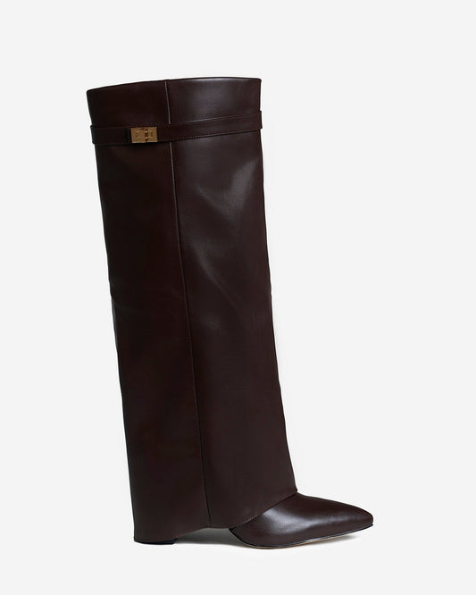 BEAUFORT Leather Fold-Over Knee High Boots - Dark Brown