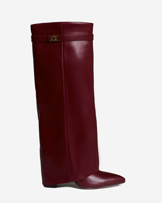 BEAUFORT Leather Fold-Over Knee High Boots - Burgundy
