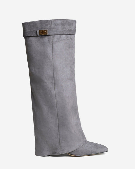 VALMONT Suede Fold-Over Knee High Boots - Grey