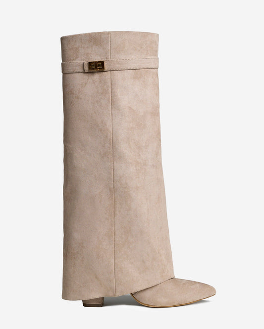 VALMONT Suede Fold-Over Knee High Boots - Beige