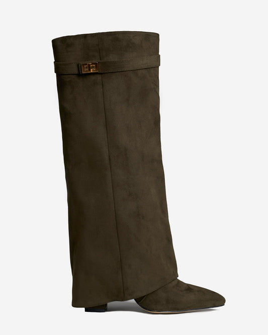 VALMONT Suede Fold-Over Knee High Boots - Olive Green