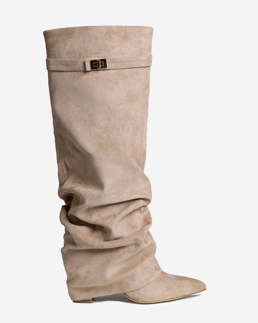 SÉVIGNÉ Slouchy Suede Knee High Boots - Beige