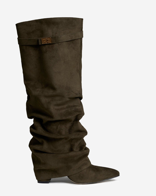 SÉVIGNÉ Slouchy Suede Knee High Boots - Olive Green