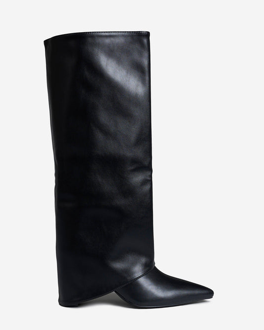 BEAUFORT Leather Fold-Over Knee High Boots - Black