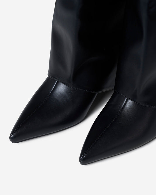 BEAUFORT Leather Fold-Over Knee High Boots - Black