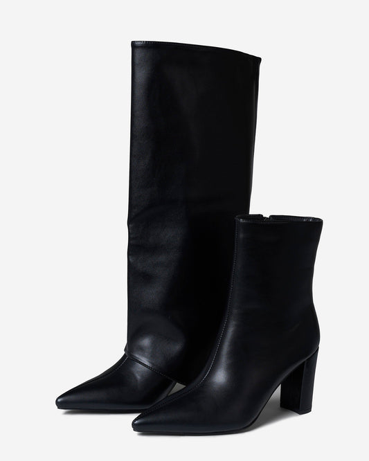 BEAUFORT Leather Fold-Over Knee High Boots - Black