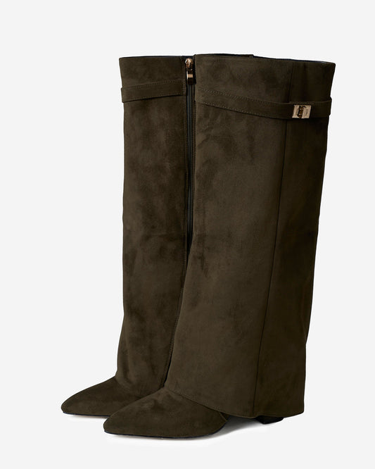 VALMONT Suede Fold-Over Knee High Boots - Olive Green