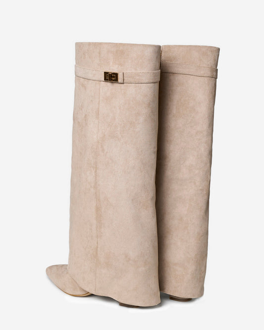 VALMONT Suede Fold-Over Knee High Boots - Beige