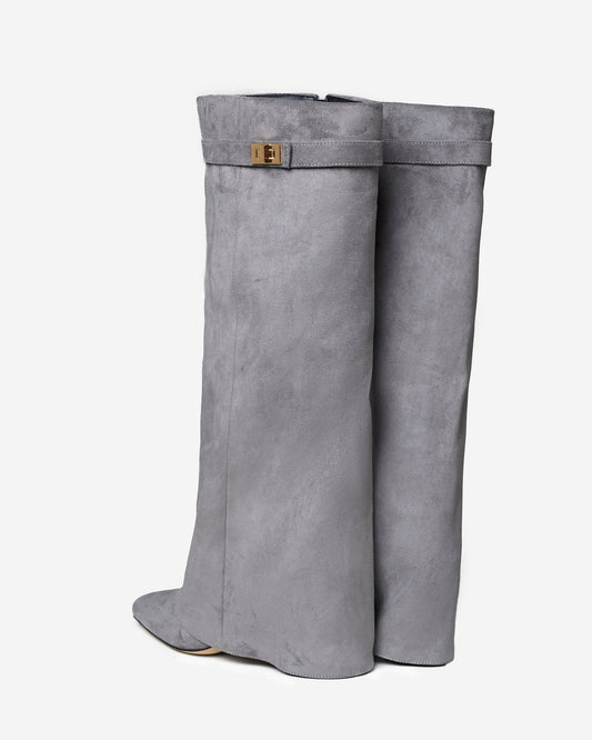 VALMONT Suede Fold-Over Knee High Boots - Grey