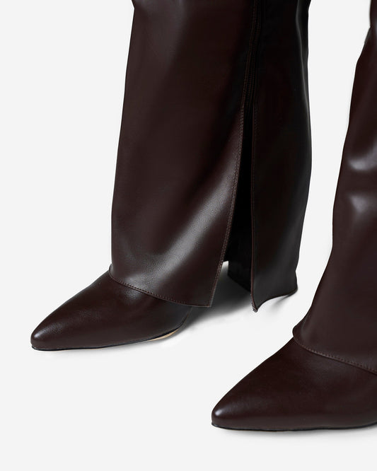BEAUFORT Leather Fold-Over Knee High Boots - Dark Brown