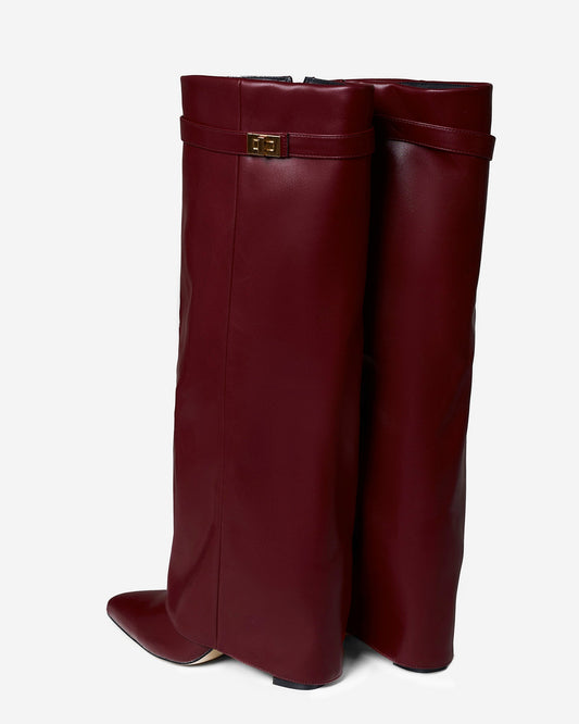 BEAUFORT Leather Fold-Over Knee High Boots - Burgundy