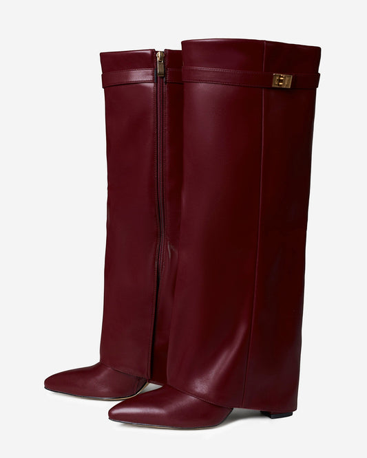 BEAUFORT Leather Fold-Over Knee High Boots - Burgundy