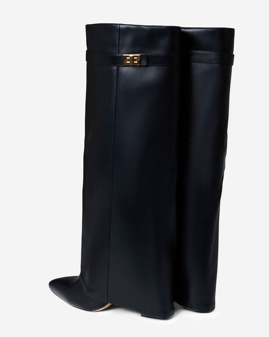 BEAUFORT Leather Fold-Over Knee High Boots - Black