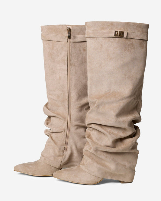 SÉVIGNÉ Slouchy Suede Knee High Boots - Beige