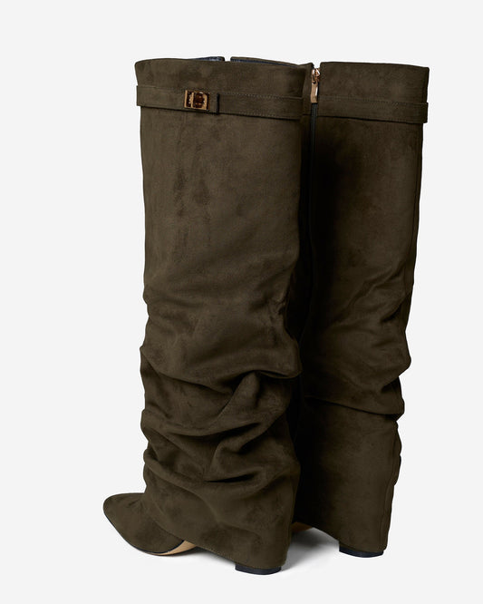 SÉVIGNÉ Slouchy Suede Knee High Boots - Olive Green