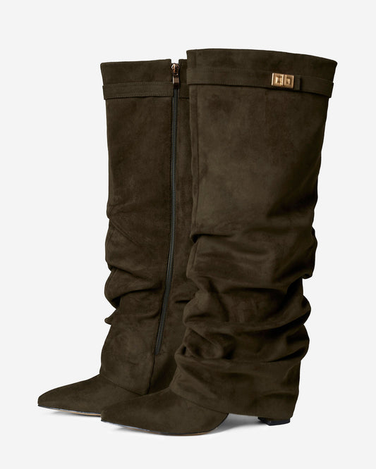 SÉVIGNÉ Slouchy Suede Knee High Boots - Olive Green