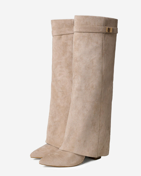 VALMONT Suede Fold-Over Knee High Boots - Beige
