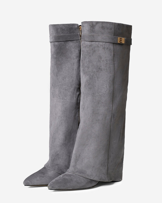 VALMONT Suede Fold-Over Knee High Boots - Grey