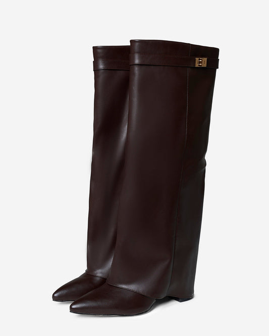 BEAUFORT Leather Fold-Over Knee High Boots - Dark Brown