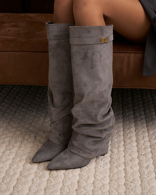 SÉVIGNÉ Slouchy Suede Knee High Boots - Grey