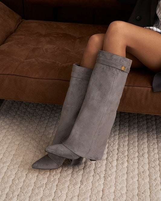 VALMONT Suede Fold-Over Knee High Boots - Grey