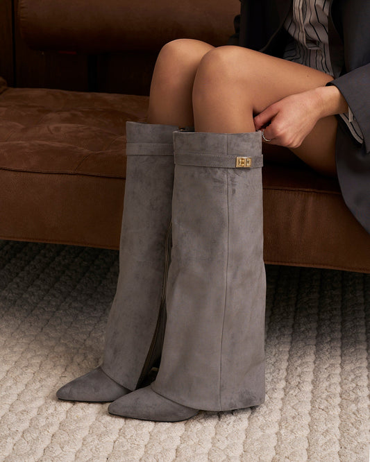VALMONT Suede Fold-Over Knee High Boots - Grey