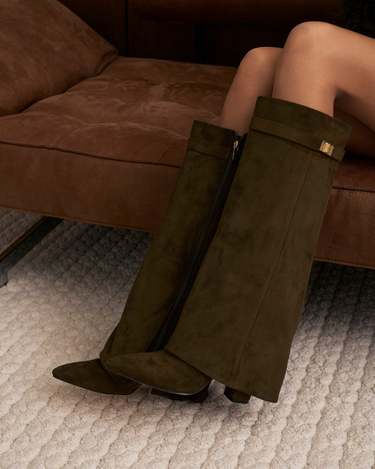 VALMONT Suede Fold-Over Knee High Boots - Olive Green
