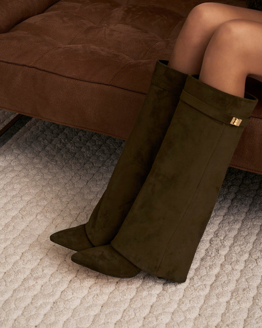 VALMONT Suede Fold-Over Knee High Boots - Olive Green