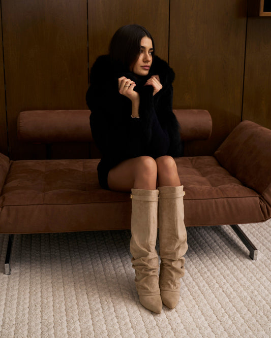 SÉVIGNÉ Slouchy Suede Knee High Boots - Beige
