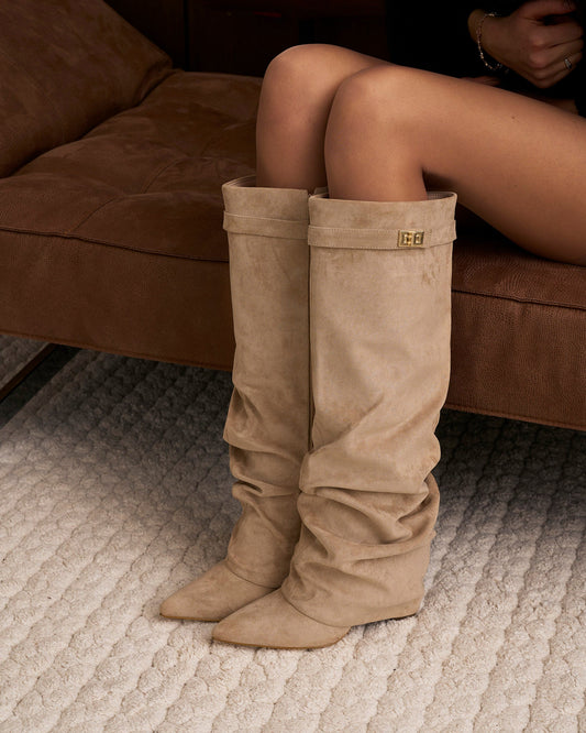 SÉVIGNÉ Slouchy Suede Knee High Boots - Beige