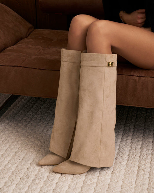 VALMONT Suede Fold-Over Knee High Boots - Beige