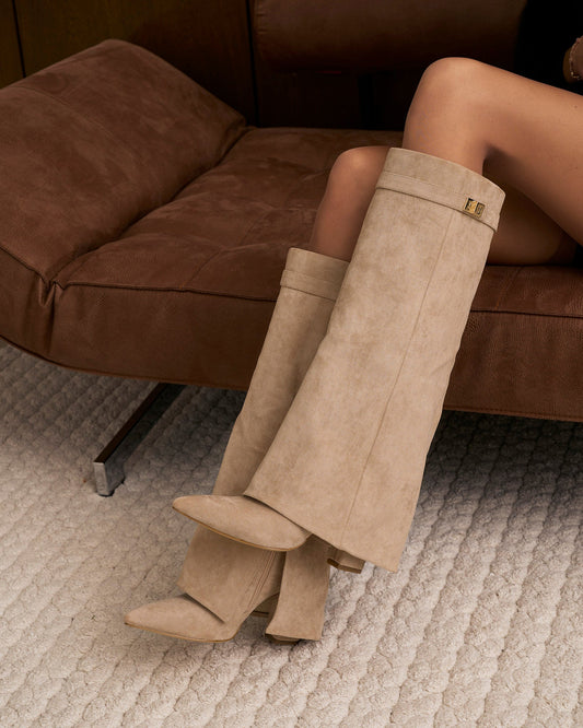VALMONT Suede Fold-Over Knee High Boots - Beige
