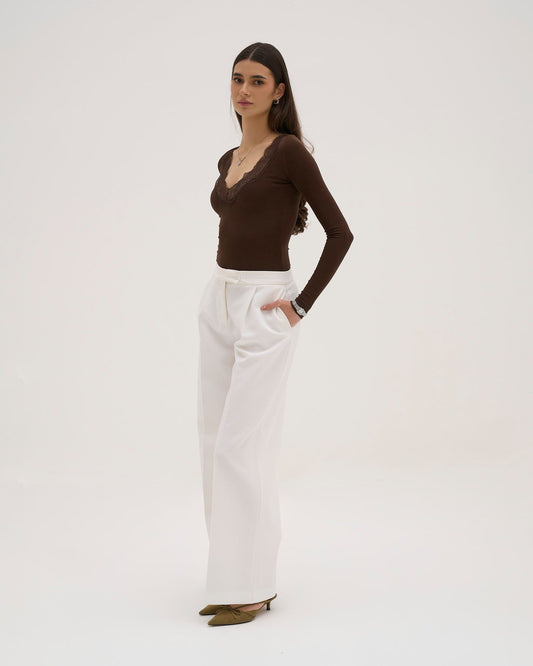 CALINA Long Sleeve Lace Trim Top - Chocolate