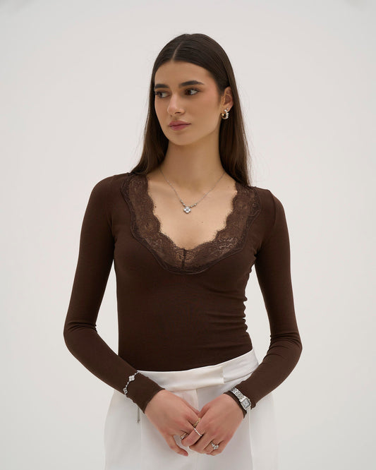 Amelier Long Sleeve Lace Trim Top - Chocolate