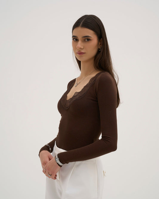 Amelier Long Sleeve Lace Trim Top - Chocolate