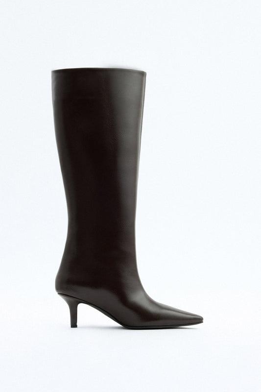 SANCERRE Pointed Toe Leather Knee High Boots - Dark Brown