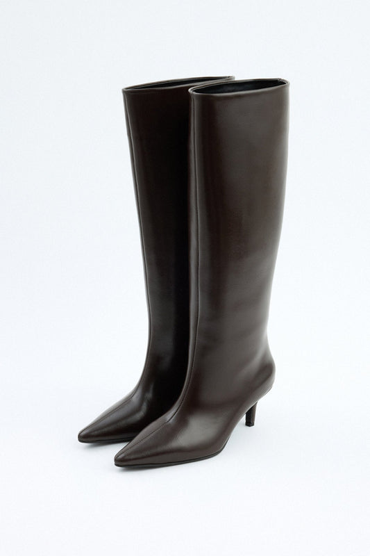 SANCERRE Pointed Toe Leather Knee High Boots - Dark Brown
