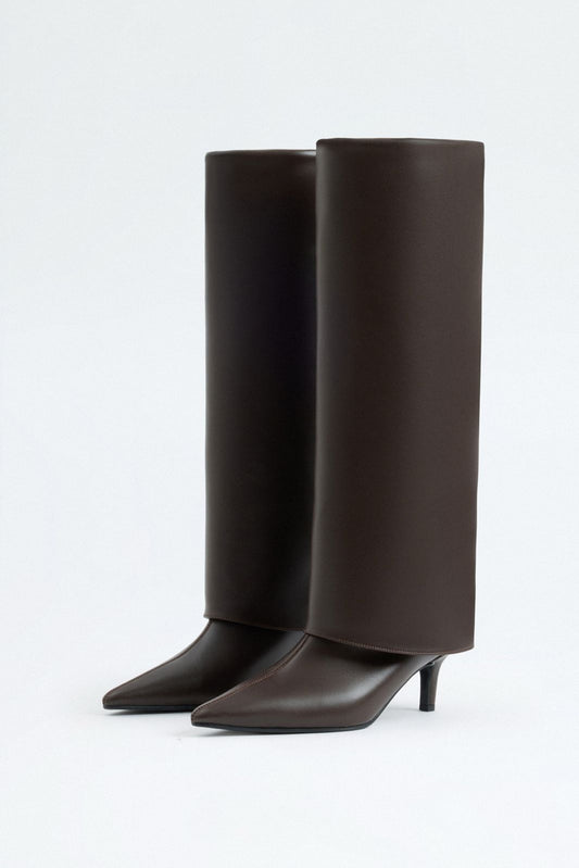 SANCERRE Pointed Toe Leather Knee High Boots - Dark Brown