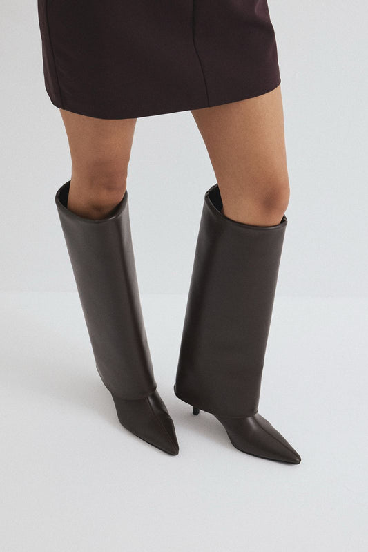 SANCERRE Pointed Toe Leather Knee High Boots - Dark Brown
