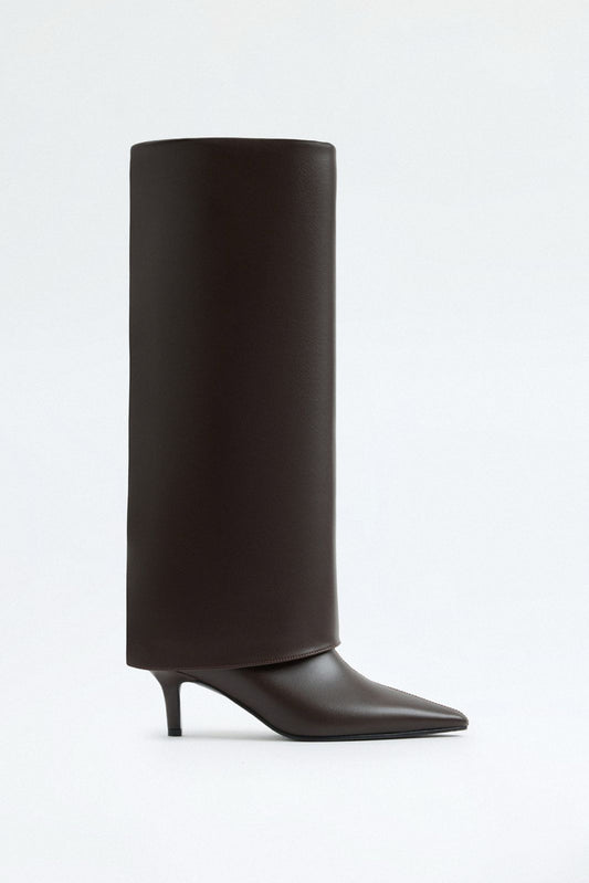 SANCERRE Pointed Toe Leather Knee High Boots - Dark Brown