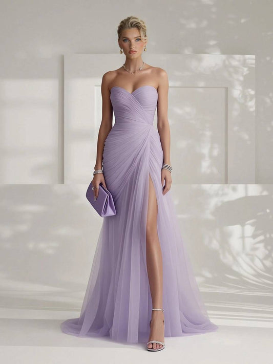Elegant Strapless Pleated Tulle Maxi Dress