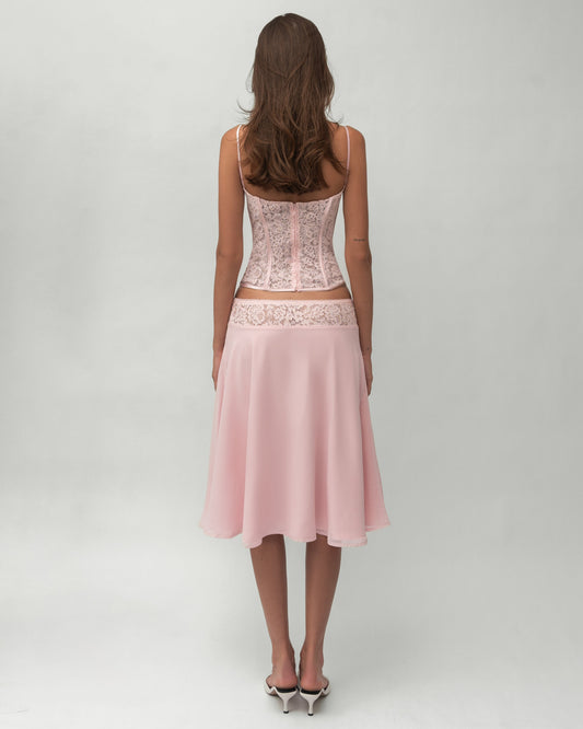 ISADORA Floral Lace Waistband Midi Skirt - Pink